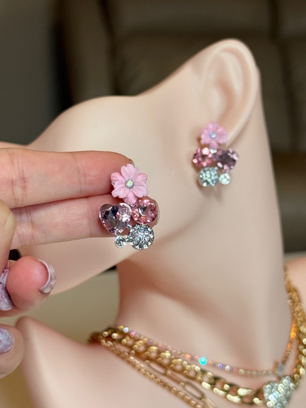 Pink Flower Cluster Crystal Stud Earrings - Picture 6 of 12